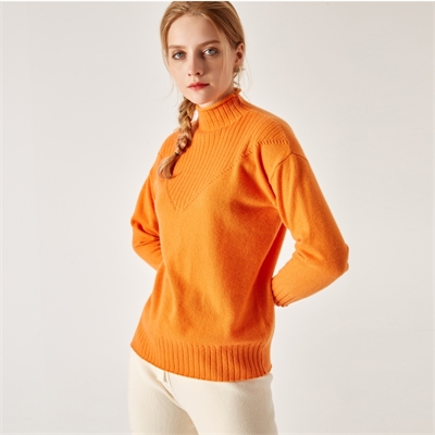 新款女士秋冬羊绒衫半高领橙色修身现代款式