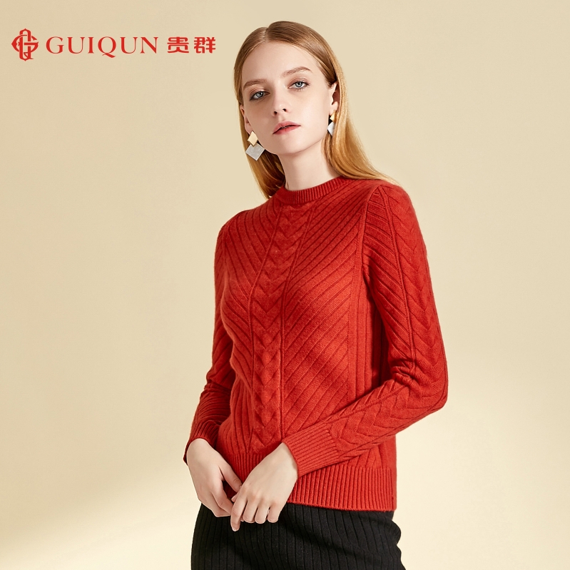 「鄂尔多斯市」羊绒衫贵群新款女士秋冬圆领红色打底毛衣GQ2565